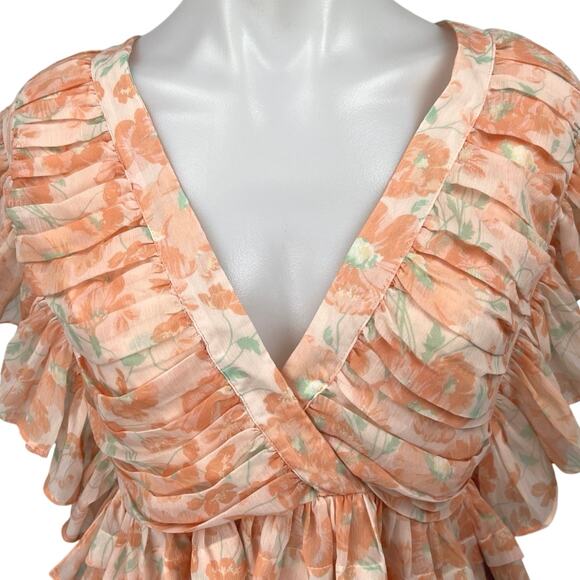 NEW Tularosa Kaia Orange Floral Ruffle Short Sleeve Peplum Crop Blouse Top Sz M - Picture 4 of 6